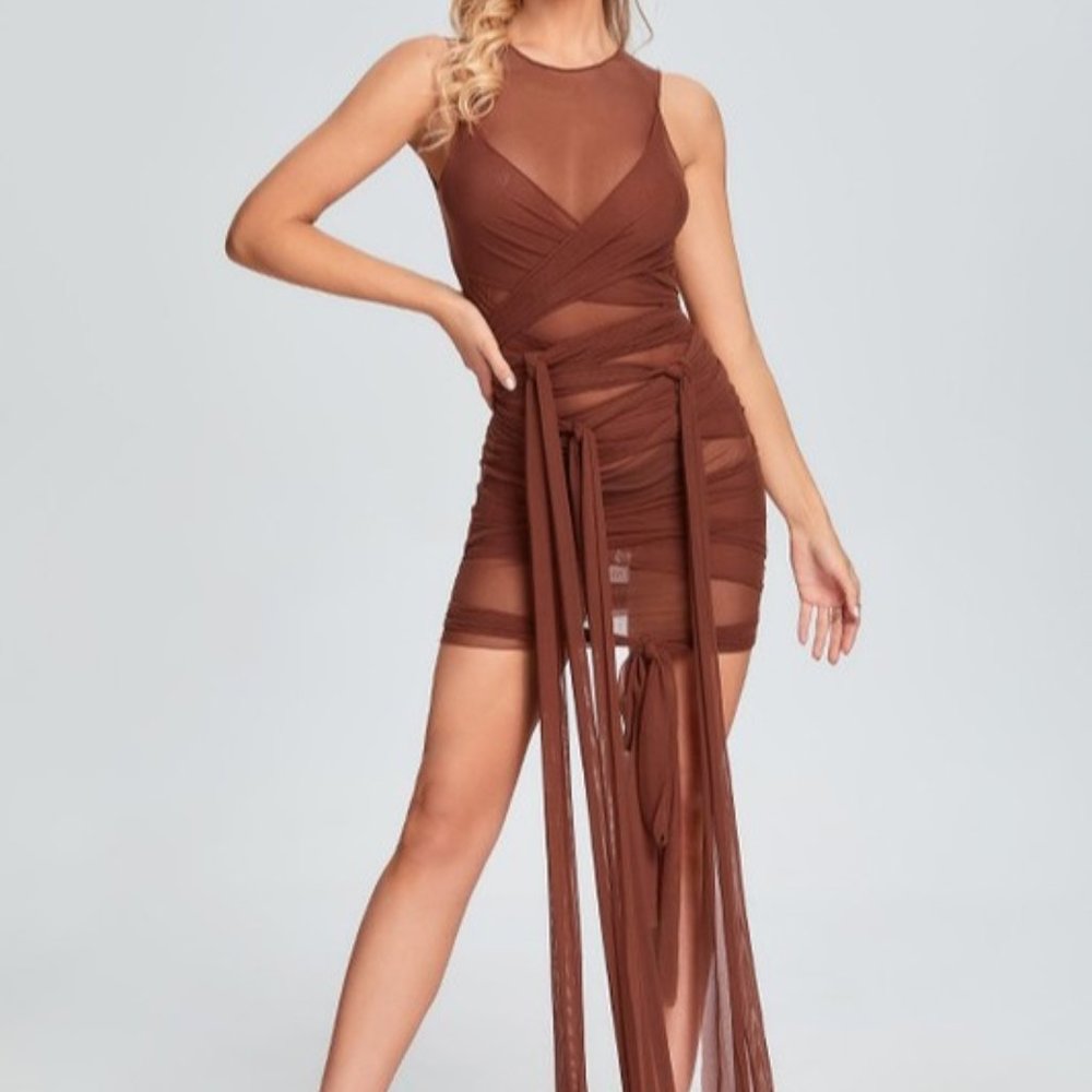 sheer tie up dress All Tied Up Sheer Dress | Color: Brown | Size: S